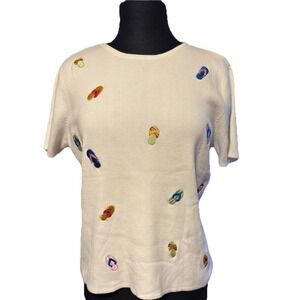 Vintage Y2K Mercer Madison Cotton Embroidery Beach Sandal Sweater 3/4 Sleeve XL